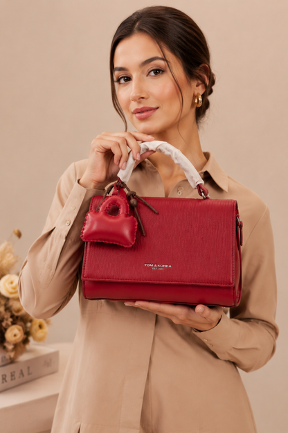 Elegant Crimson Luxe Handbag – Premium Textured Leather with Heart Charm
